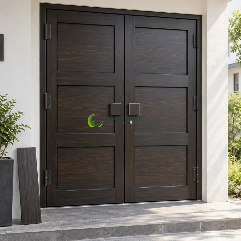 Cửa sắt thép 2 cánh sơn giả gỗ đen đậm, ba ô ngang rộng trong khung sắt, với mẫu màu để tham khảo lựa chọn, góc gần chính diện, thấy rõ kết cấu.