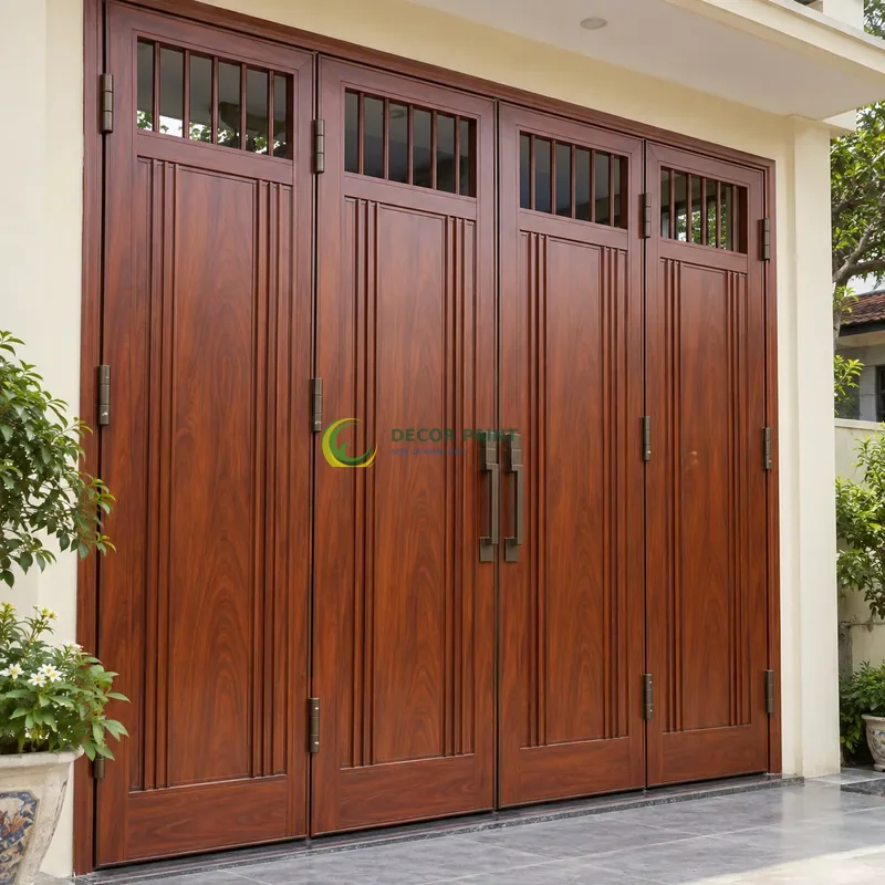 Cửa sắt thép 4 cánh sơn giả gỗ cánh gián, tấm giữa rộng và gân dọc mảnh, lối vào nhà phố có tường sáng, góc chếch từ trên xuống.