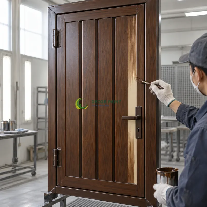 Cửa sắt thép 1 cánh sơn giả gỗ óc chó sẫm, lá sắt dọc rộng với cạnh vát nhẹ, minh hoạ thao tác tạo vân trên lớp lót, góc nghiêng nhẹ, rõ cạnh phía trước.