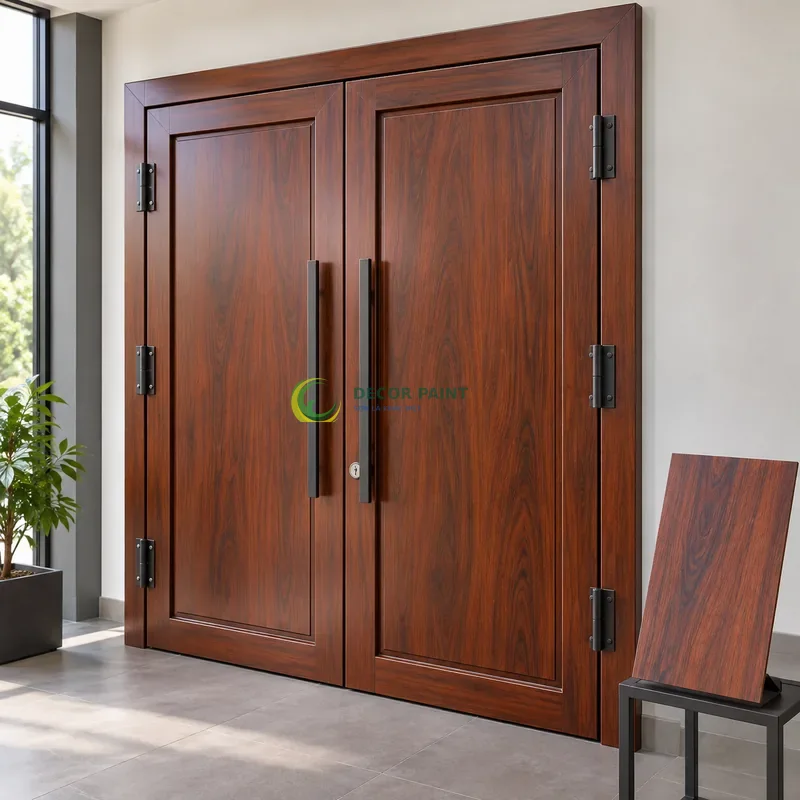 Cửa sắt thép 2 cánh sơn giả gỗ cánh gián, panô lớn với viền khung sâu, với mẫu màu để tham khảo lựa chọn, góc chếch từ trên xuống.