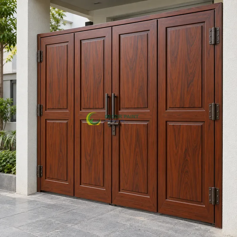 Cửa sắt thép 4 cánh sơn giả gỗ cánh gián, bốn ô chữ nhật cân đối trên mỗi cánh, khoảng sân hiện đại nền xám, góc nghiêng nhẹ, rõ cạnh phía trước.