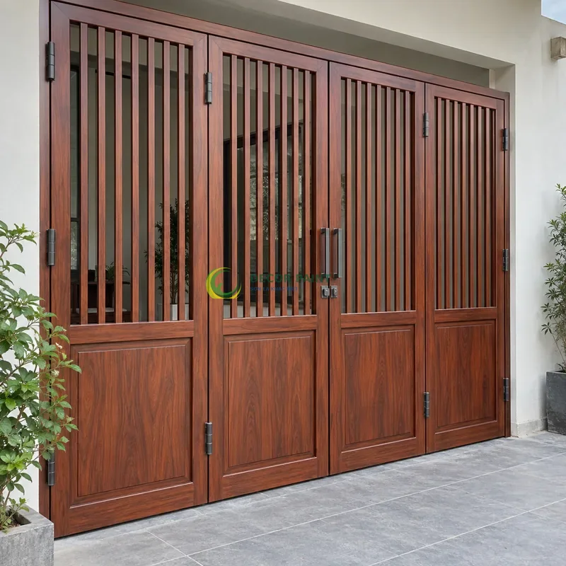 Cửa sắt thép 4 cánh sơn giả gỗ cánh gián, panô kín phía dưới và nan thoáng phía trên, góc thi công nhà ở gọn gàng, góc nghiêng nhẹ, rõ cạnh phía trước.