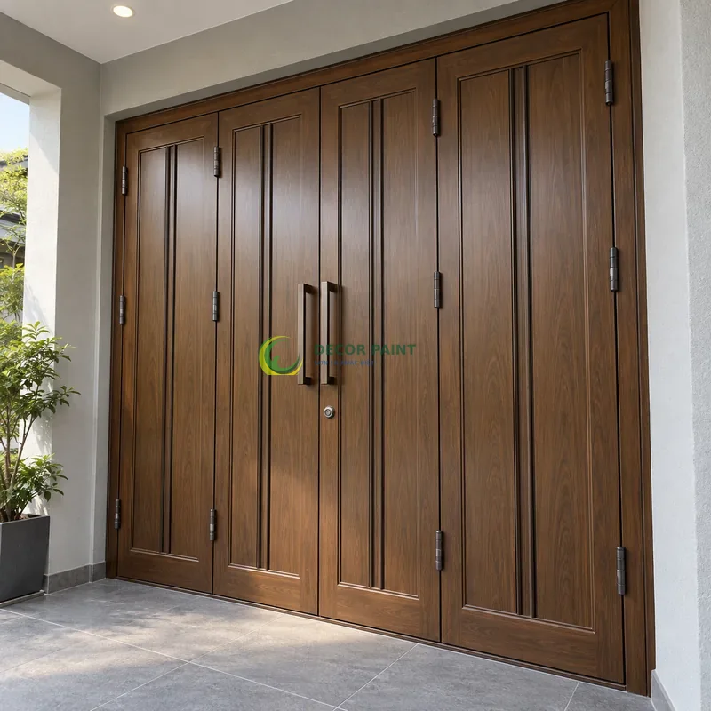 Cửa sắt thép 4 cánh sơn giả gỗ óc chó sẫm, cặp gân dọc mảnh trên nền panô phẳng, sảnh nhỏ hiện đại có tường xám nhạt, góc ba phần tư từ bên phải.