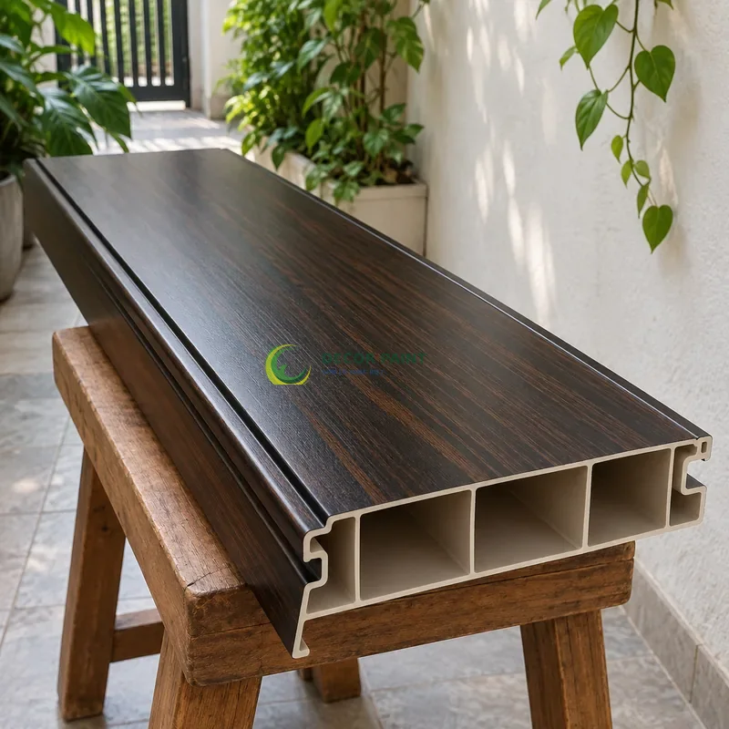 Thanh nhựa rỗng dạng bản rộng sơn giả gỗ đen đậm, lối đi có mái che sát vườn nhỏ, góc cao nhẹ thấy trọn môđun mẫu.