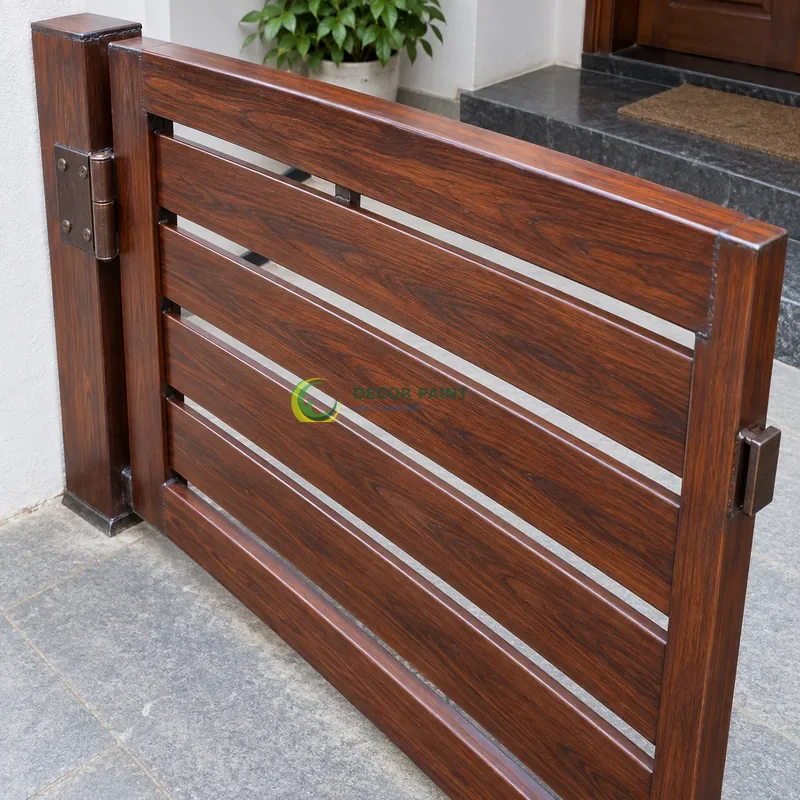 Mẫu sắt thép sơn giả gỗ cánh gián, tấm mẫu chữ nhật có cạnh gấp, lối vào có bậc thấp và tường bên màu trắng, góc cao chéo theo đường chéo khung hình.