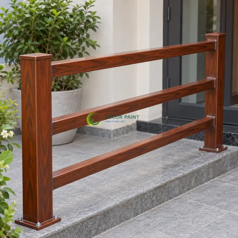 Lan can ba thanh ngang sơn giả gỗ cánh gián, lối vào nhà phố có tường sáng, góc chếch từ trên xuống.