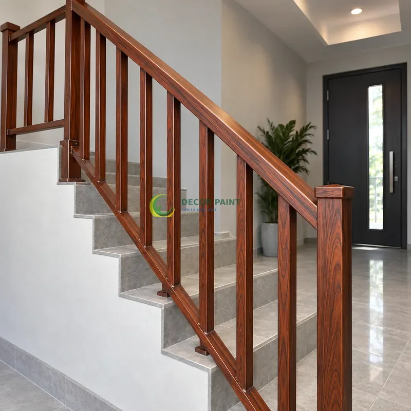 Lan can cầu thang tay vịn hộp sơn giả gỗ cánh gián, sảnh nhỏ hiện đại có tường xám nhạt, góc chéo vừa, làm rõ mối ghép.