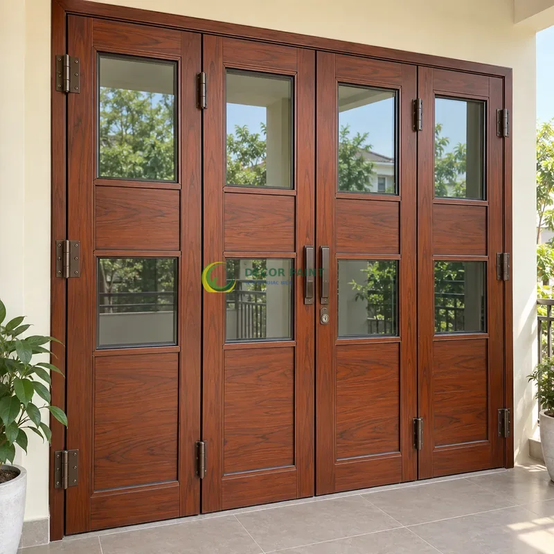 Cửa sắt thép 4 cánh sơn giả gỗ cánh gián, ba băng panô ngang có nẹp sắt mảnh, góc ban công có mái che và tường ngà, góc chếch từ trên xuống.