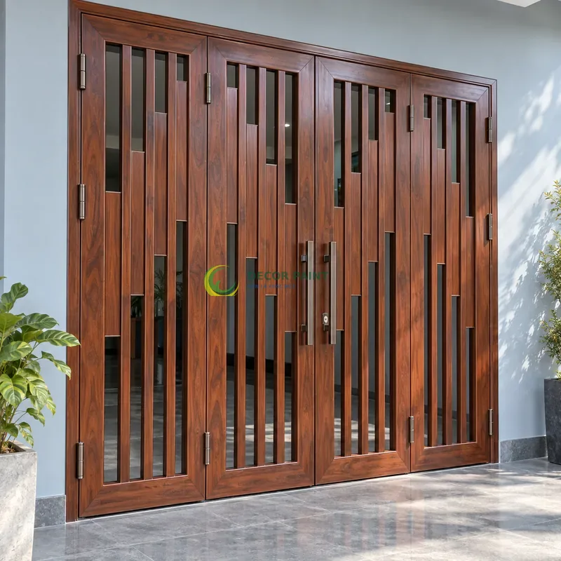 Cửa sắt thép 4 cánh sơn giả gỗ cánh gián, các ô sắt dọc có cao độ thay đổi, góc trưng bày có tường xanh xám nhạt, góc chéo vừa, làm rõ mối ghép.
