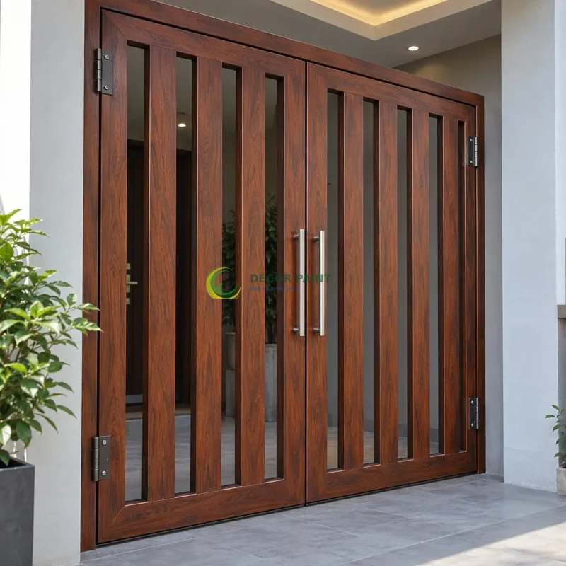Cửa sắt thép 2 cánh sơn giả gỗ cánh gián, khung phẳng với nan dọc hẹp, sảnh nhỏ hiện đại có tường xám nhạt, góc ba phần tư từ bên phải.