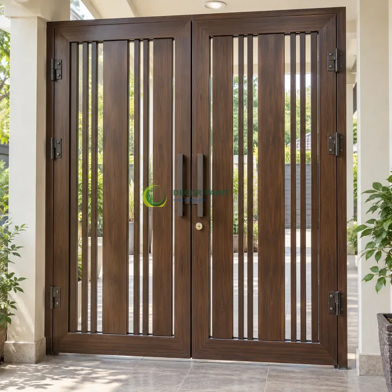 Cửa sắt thép 2 cánh sơn giả gỗ óc chó sẫm, nan dọc rộng hẹp xen kẽ, hiên nhà sáng có cây xanh phía xa, góc chính diện cân đối.