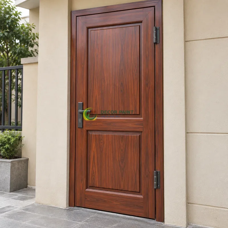 Cửa sắt thép 1 cánh sơn giả gỗ cánh gián, hai panô chữ nhật trên mỗi cánh, mặt tiền nhà phố tông cát nhạt, góc chéo vừa, làm rõ mối ghép.
