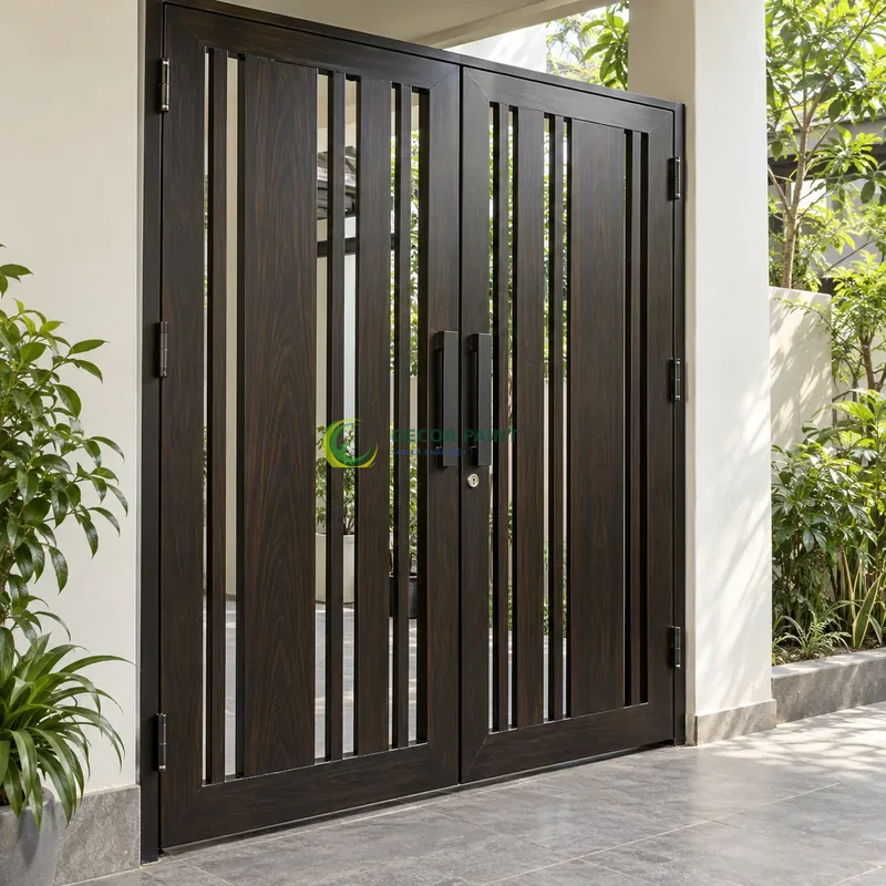 Cửa sắt thép 2 cánh sơn giả gỗ đen đậm, nan dọc rộng hẹp xen kẽ, lối đi có mái che sát vườn nhỏ, góc nghiêng nhẹ, rõ cạnh phía trước.
