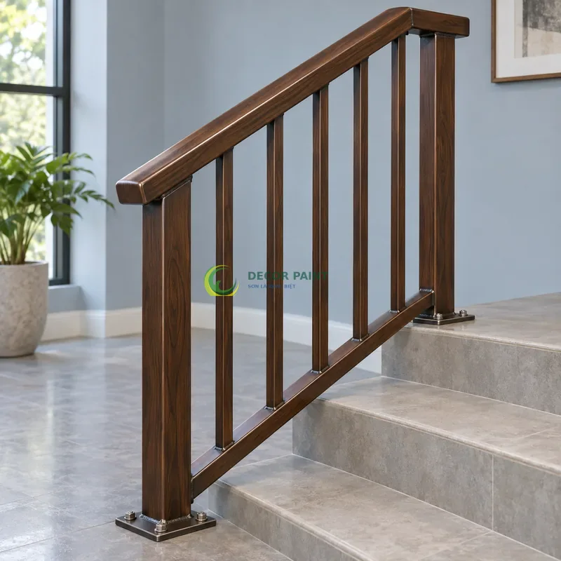 Lan can cầu thang sơn giả gỗ óc chó sẫm, góc trưng bày có tường xanh xám nhạt, góc thấp vừa, thấy trọn chủ thể.