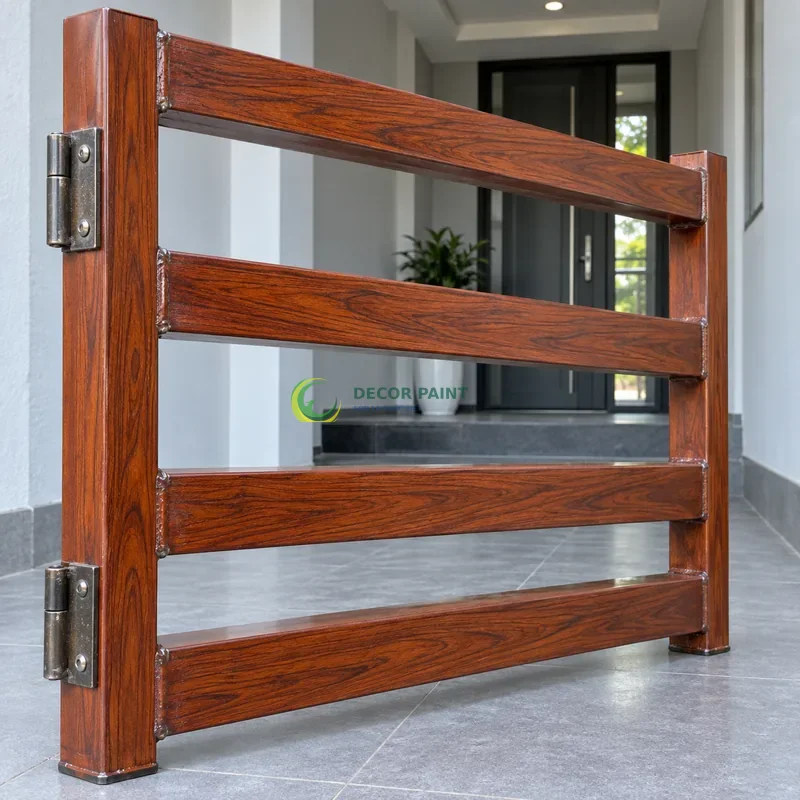 Mẫu sắt thép sơn giả gỗ cánh gián, khung mẫu có bốn thanh ngang, sảnh nhỏ hiện đại có tường xám nhạt, góc cận nhấn cạnh đầu vật mẫu.