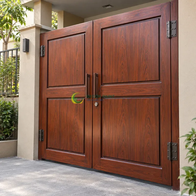 Cửa sắt thép 2 cánh sơn giả gỗ cánh gián, bốn ô chữ nhật cân đối trên mỗi cánh, mặt tiền nhà phố tông cát nhạt, góc ba phần tư từ bên phải.