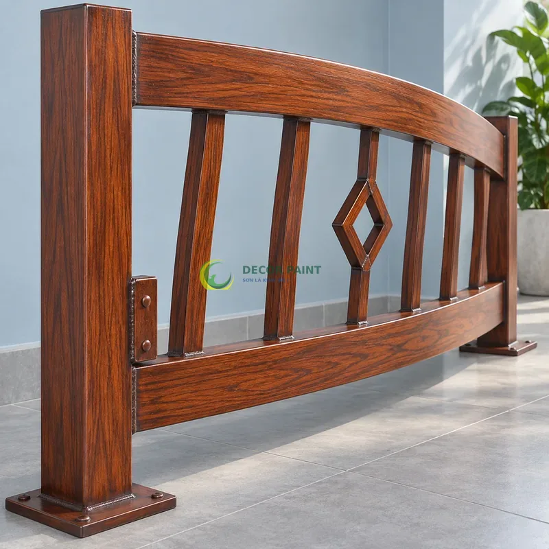 Mẫu sắt thép sơn giả gỗ cánh gián, thanh cong nhẹ có giằng thẳng, góc trưng bày có tường xanh xám nhạt, góc cận nhấn cạnh đầu vật mẫu.