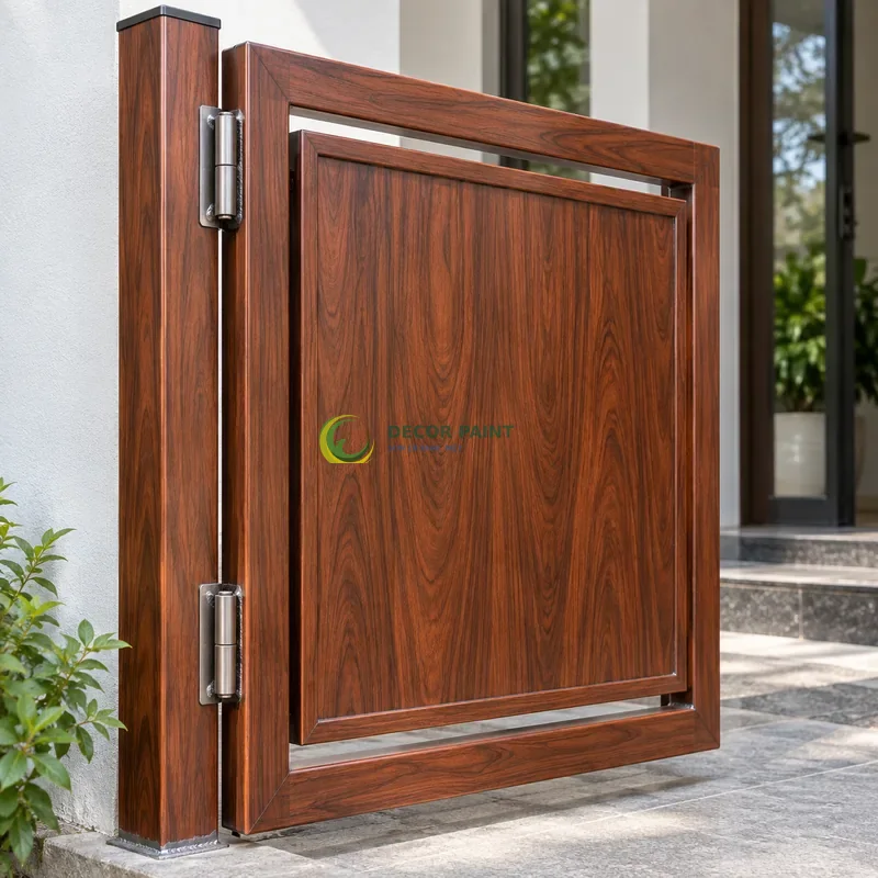 Mẫu sắt hộp mạ kẽm sơn giả gỗ cánh gián, panô âm trong khung nổi, lối vào có bậc thấp và tường bên màu trắng, góc cận bên trái với vật mẫu dựng đứng.