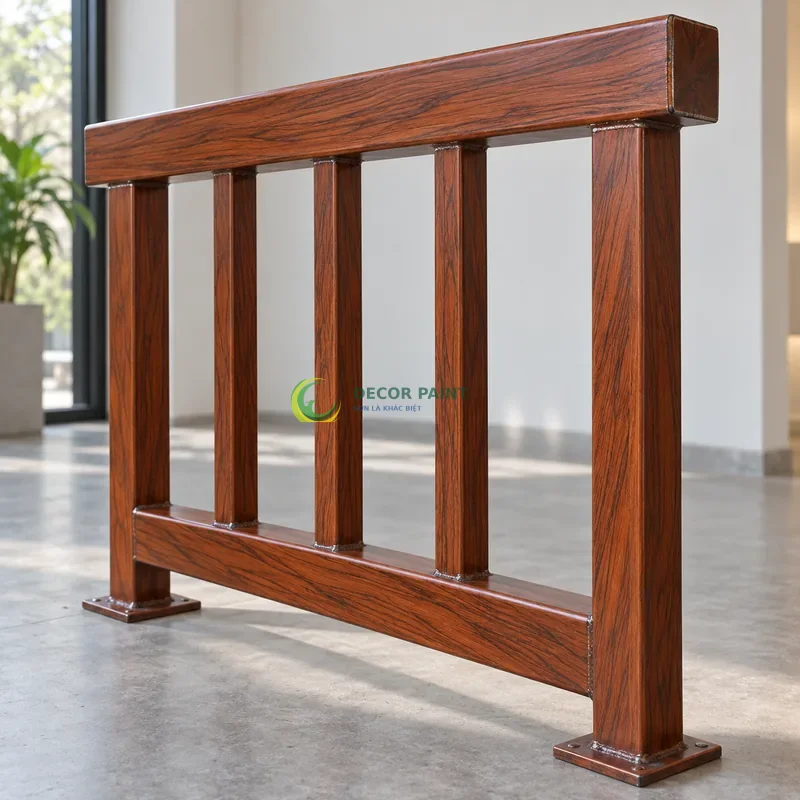 Mẫu sắt hộp mạ kẽm sơn giả gỗ cánh gián, môđun lan can có tay vịn và năm thanh đứng, không gian trưng bày mẫu tường trắng, góc cận bên phải thấy rõ chiều sâu thanh.