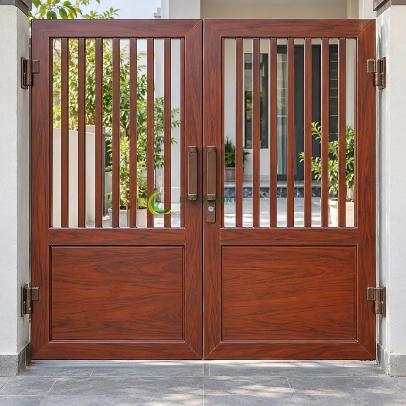Cửa sắt thép 2 cánh sơn giả gỗ cánh gián, panô kín phía dưới và nan thoáng phía trên, góc thi công nhà ở gọn gàng, góc thấp vừa, thấy trọn chủ thể.