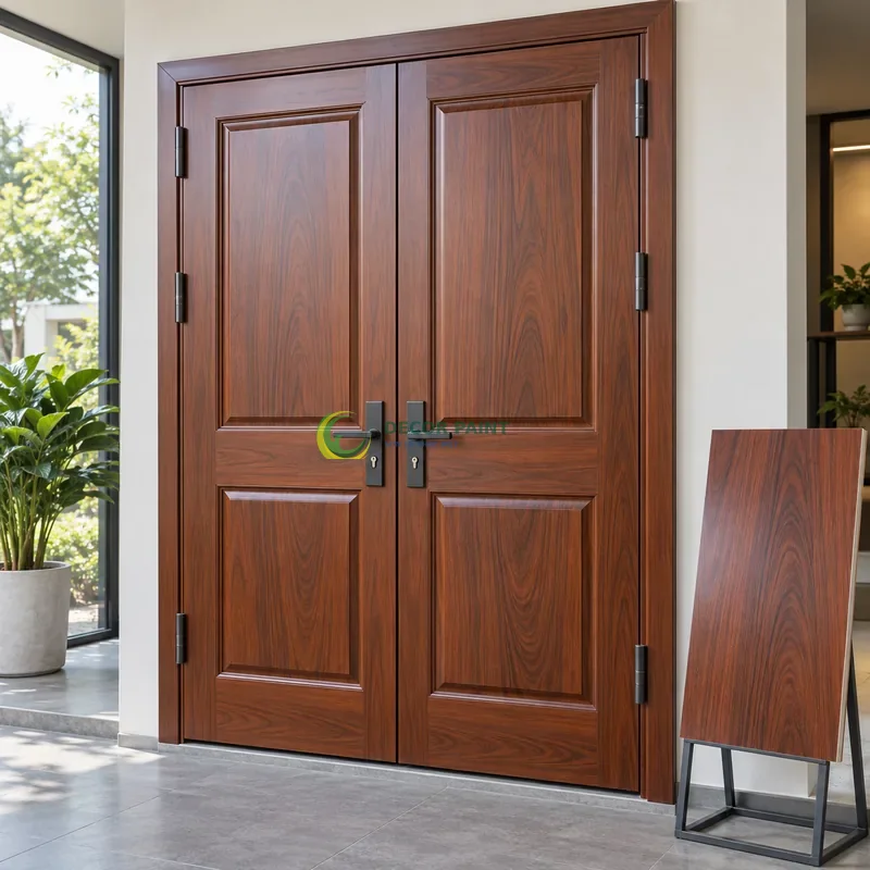 Cửa sắt hộp mạ kẽm 2 cánh sơn giả gỗ cánh gián, hai panô chữ nhật trên mỗi cánh, với mẫu màu để tham khảo lựa chọn, góc chếch từ trên xuống.