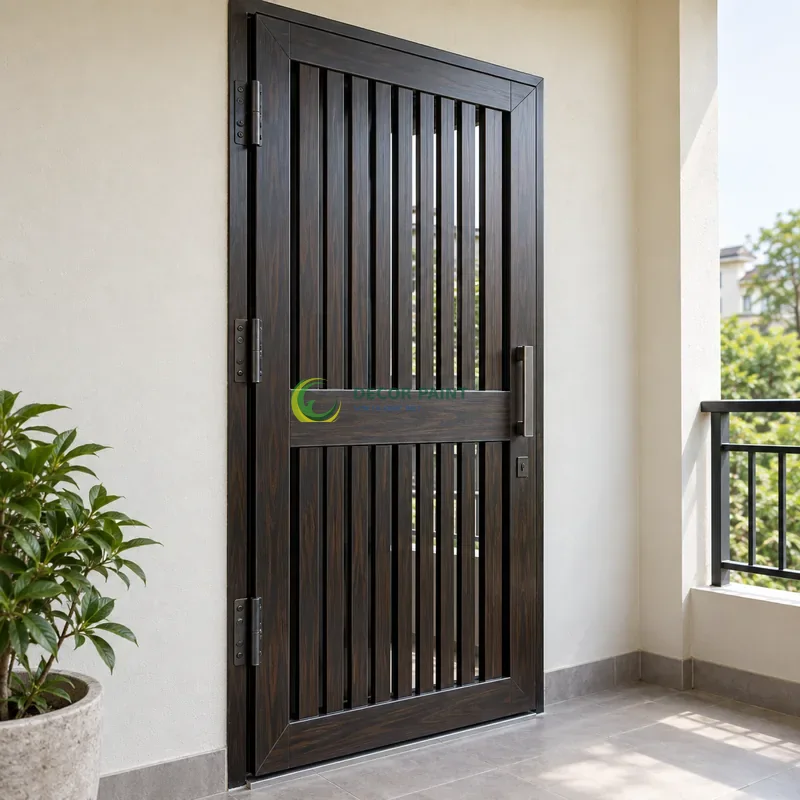 Cửa sắt thép 1 cánh sơn giả gỗ đen đậm, nan dọc có thanh ngang tạo điểm nhấn, góc ban công có mái che và tường ngà, góc ba phần tư từ bên trái.