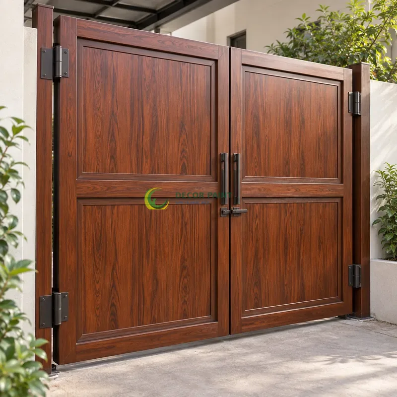 Cổng sắt thép 2 cánh sơn giả gỗ cánh gián, bốn ô chữ nhật cân đối trên mỗi cánh, lối đi có mái che sát vườn nhỏ, góc nghiêng nhẹ, rõ cạnh phía trước.