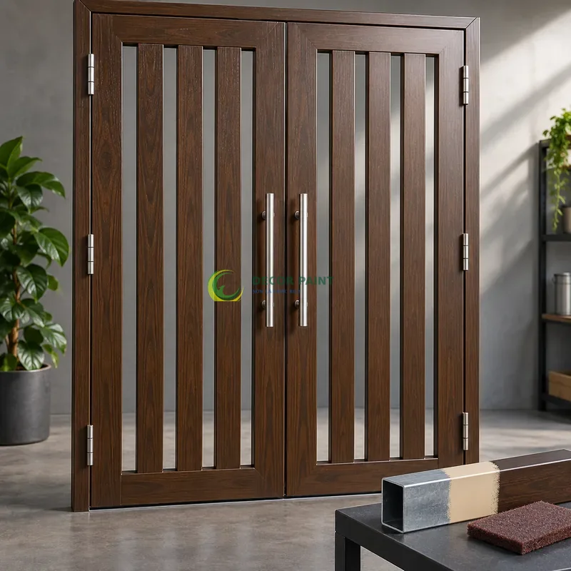Cửa sắt hộp mạ kẽm 2 cánh sơn giả gỗ óc chó sẫm, khung phẳng với nan dọc hẹp, minh hoạ chuẩn bị bề mặt và lớp sơn hoàn thiện, góc chính diện cân đối.