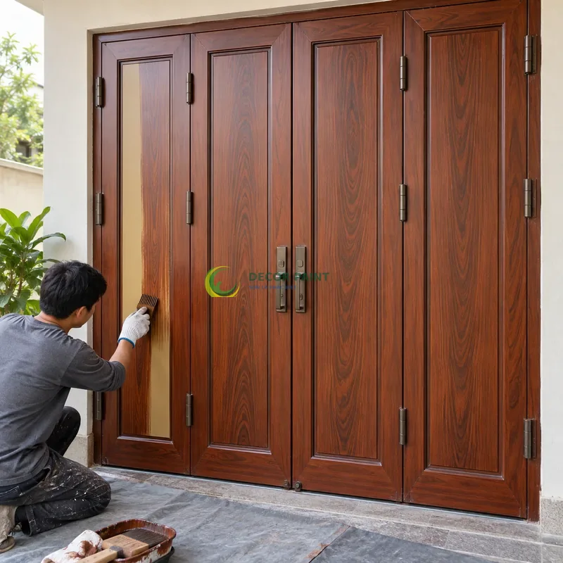 Cửa sắt thép 4 cánh sơn giả gỗ cánh gián, panô phẳng và hai dải dọc hai bên, minh hoạ thao tác tạo vân trên lớp lót, góc chéo vừa, làm rõ mối ghép.