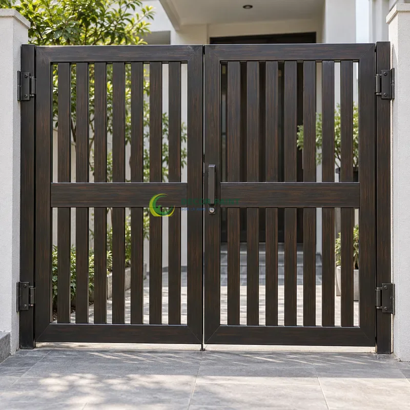 Cổng sắt thép 2 cánh sơn giả gỗ đen đậm, nan dọc có thanh ngang tạo điểm nhấn, góc thi công nhà ở gọn gàng, góc thấp vừa, thấy trọn chủ thể.