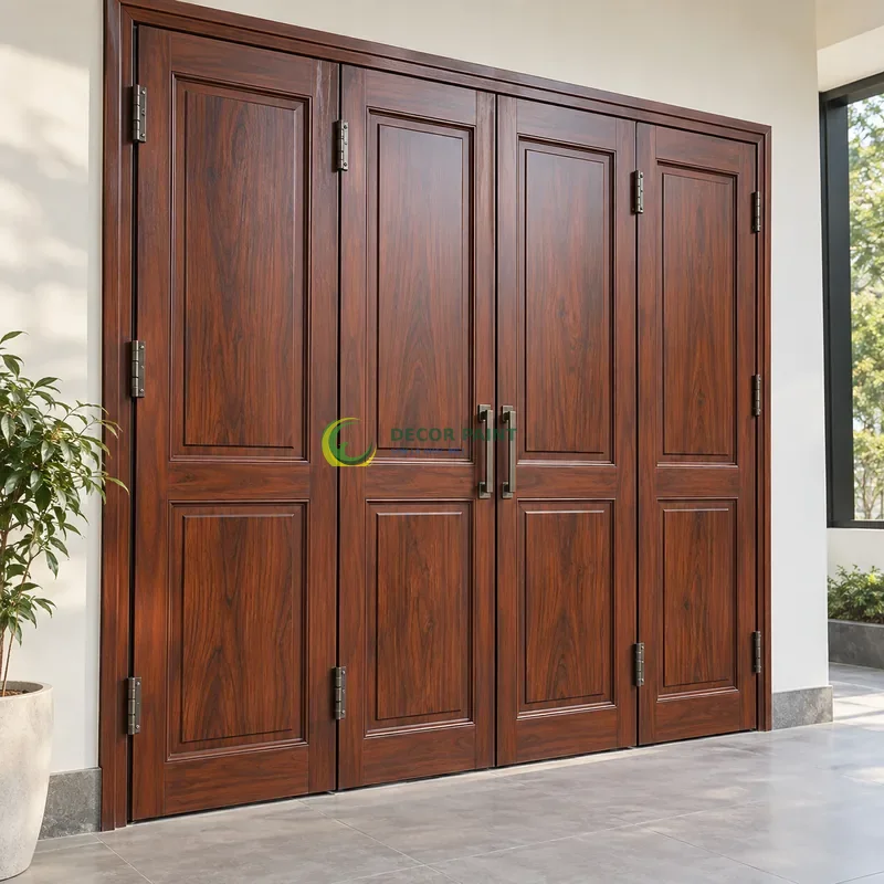 Cửa sắt thép 4 cánh sơn giả gỗ cánh gián, hai panô chữ nhật trên mỗi cánh, không gian trưng bày mẫu tường trắng, góc ba phần tư từ bên trái.