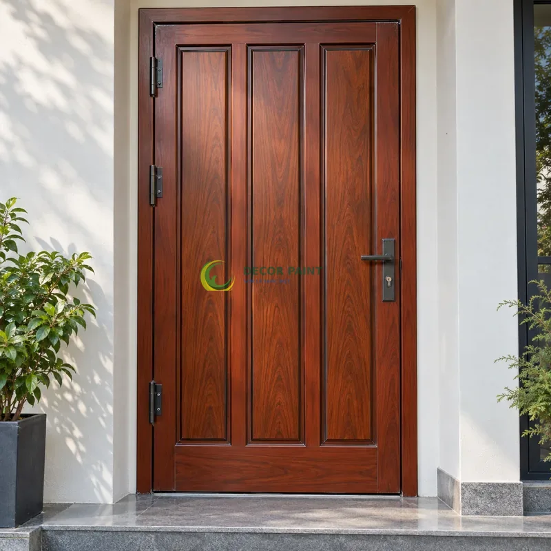 Cửa sắt thép 1 cánh sơn giả gỗ cánh gián, ba panô đứng và thanh chân hẹp, lối vào có bậc thấp và tường bên màu trắng, góc chính diện cân đối.