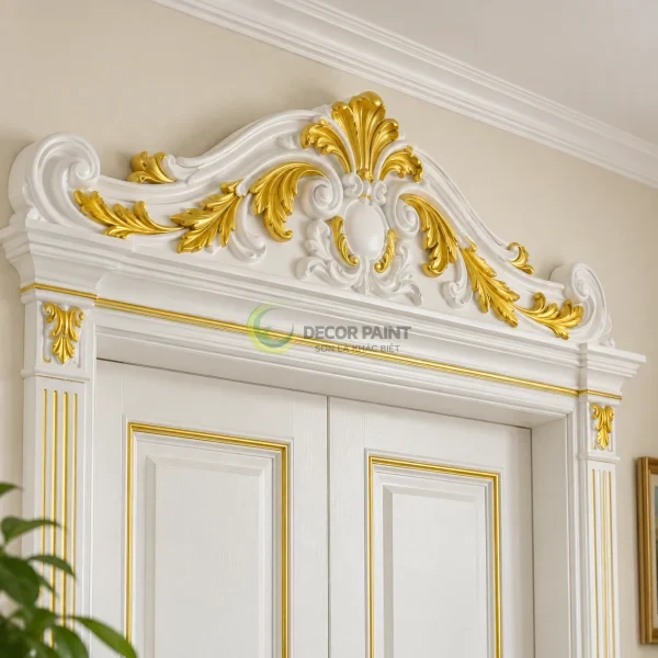 Khung cửa và phào chỉ trắng nhấn hoa văn sơn nhũ vàng.