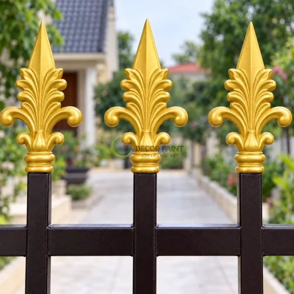 Các đầu chông hàng rào được hoàn thiện nhũ vàng trên nền sắt nâu đen.