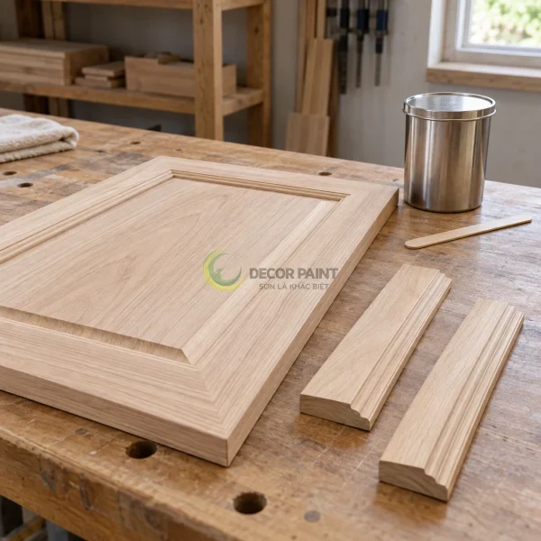 Cánh tủ gỗ và thanh nẹp được chuẩn bị trên bàn trước khi phủ sơn 2K.