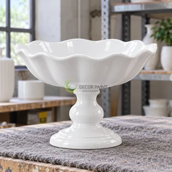 Đồ gốm trang trí có bề mặt men trắng bóng trong xưởng.