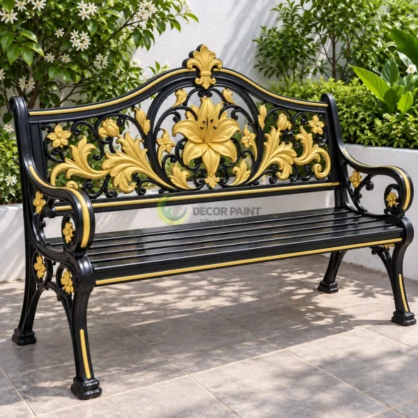 Ghế băng sắt đen được nhấn bằng hoa lily và cành lá màu vàng trên phần tựa lưng.