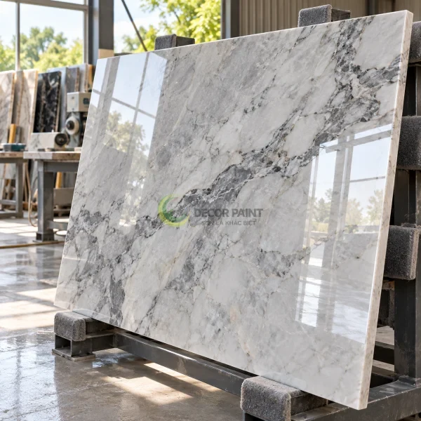 Tấm đá marble vân xám trắng với lớp hoàn thiện bóng trong.