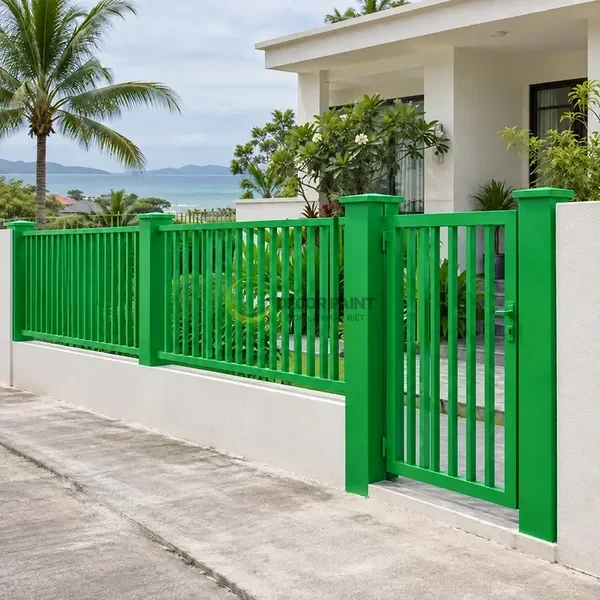 Sơn kim loại xanh lá mạ – hàng rào nhà ven biển