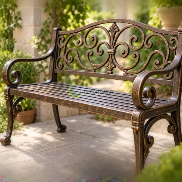 Ghế sắt sân vườn phủ sơn giả cổ màu đồng, làm rõ hoa văn và đường cong của khung sắt