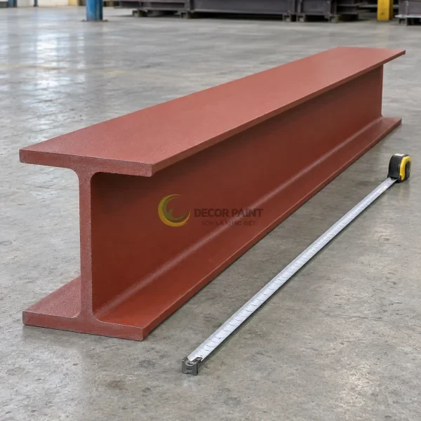 Dầm thép chữ I phủ sơn lót nâu đỏ cùng thước dây trên nền xưởng