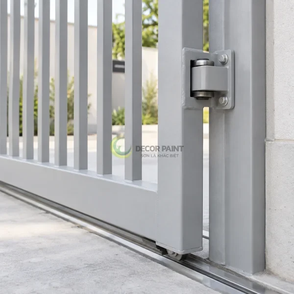 Chi tiết khung và bộ dẫn hướng cổng thép màu xám nhạt