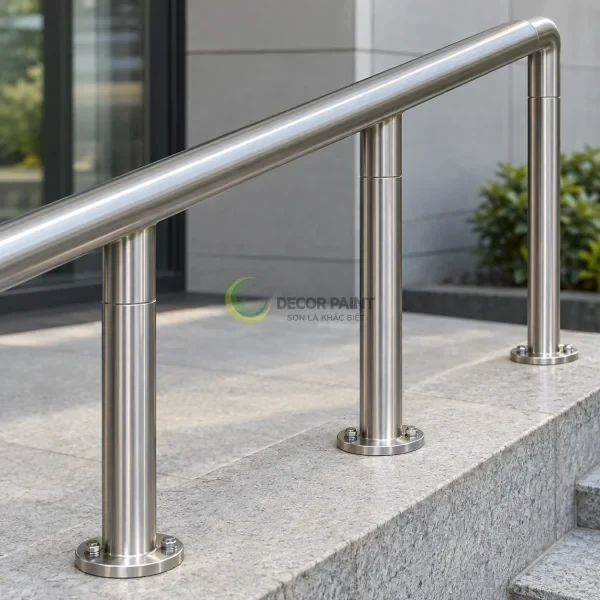 Minh họa tay vịn và chân trụ inox với bề mặt xước bạc hoàn thiện