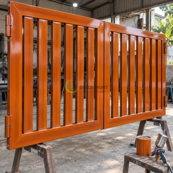 Cổng thép hàn hoàn thiện sơn giả gỗ màu cánh gián trên giá đỡ tại xưởng.