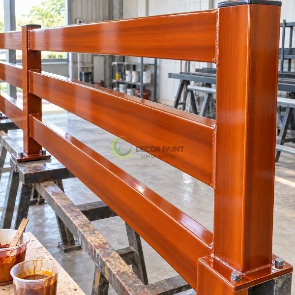 Lan can sắt sơn giả gỗ cánh gián và khu vực chuẩn bị màu.