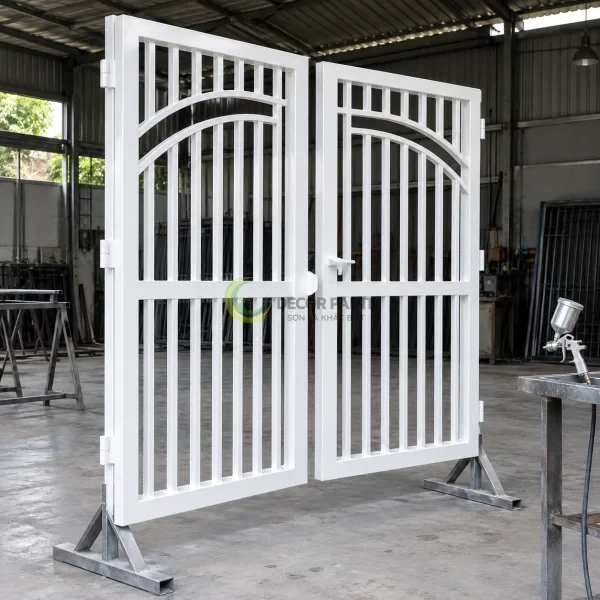 Hai cánh cửa sắt hoàn thiện màu trắng trên giá đỡ tại xưởng.