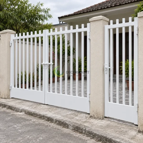 Cổng sắt sơn trắng với hai cánh chính và cửa đi phụ, các thanh đứng đầu bằng.