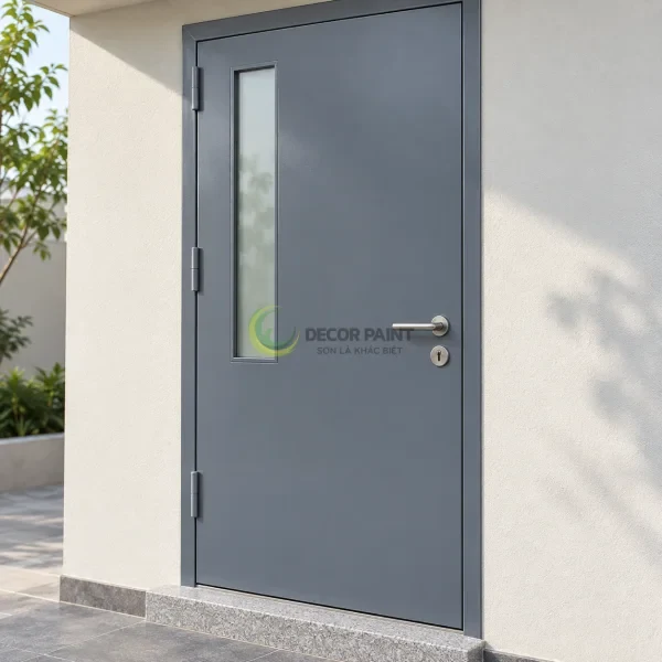 Cửa thép màu ghi một cánh, có ô kính hẹp dọc và tay nắm inox.