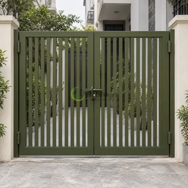 Cổng thép hai cánh nan đứng hoàn thiện màu xanh rêu mờ cho lối vào nhà phố.
