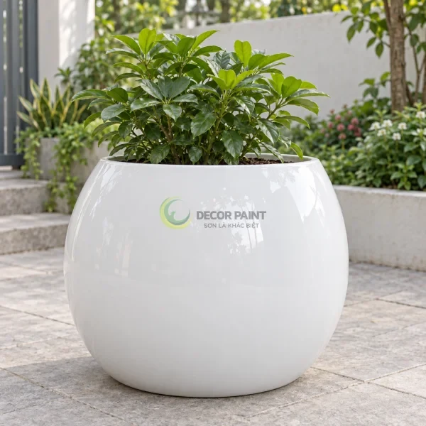 Chậu composite polyester dáng bầu phủ sơn trắng bóng trong sân vườn.